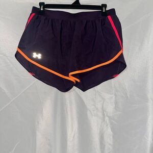 Under Armour Women's Purple Running Shorts with Neon Orange and Pink Accents